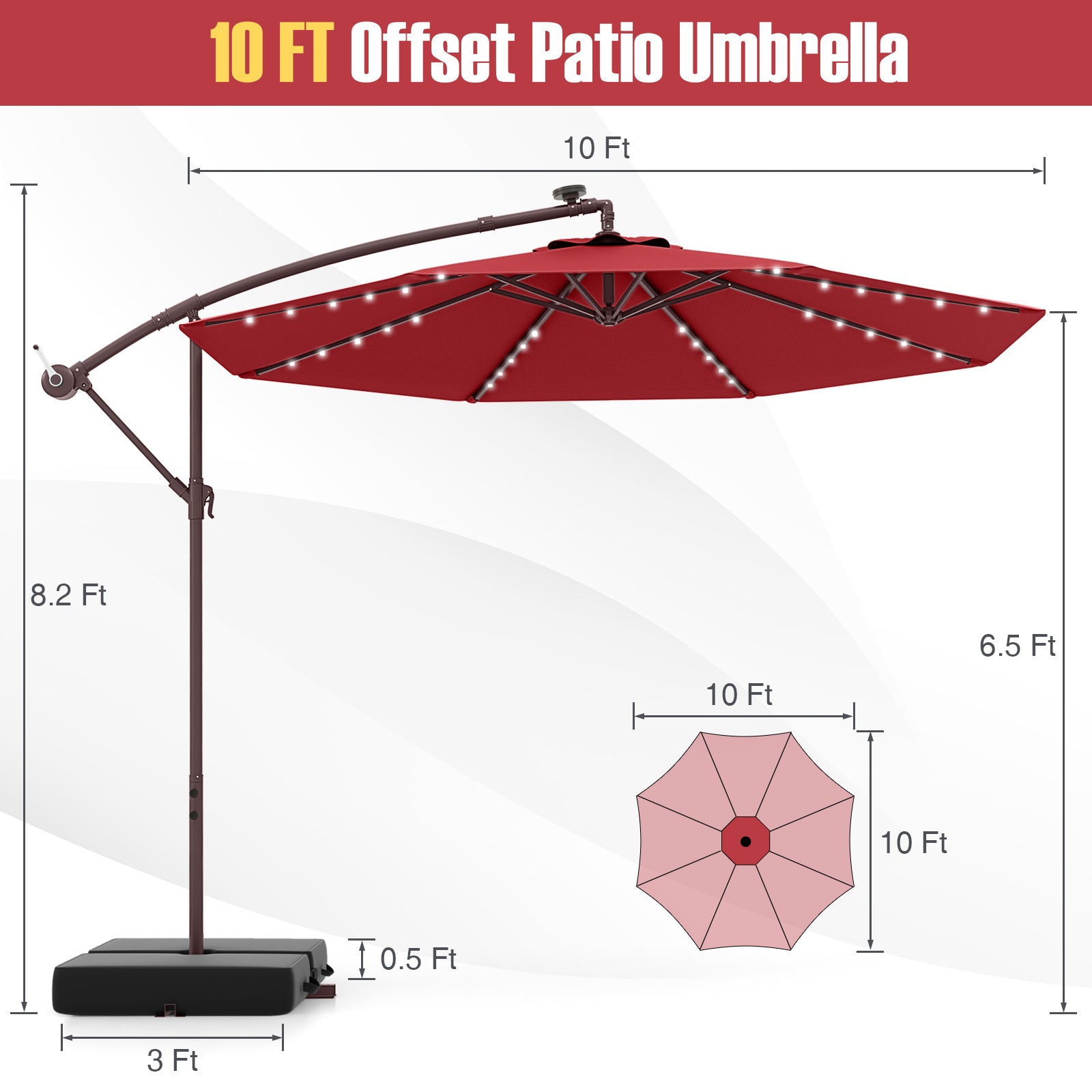 10-Foot Solar LED Cantilever Patio Umbrella