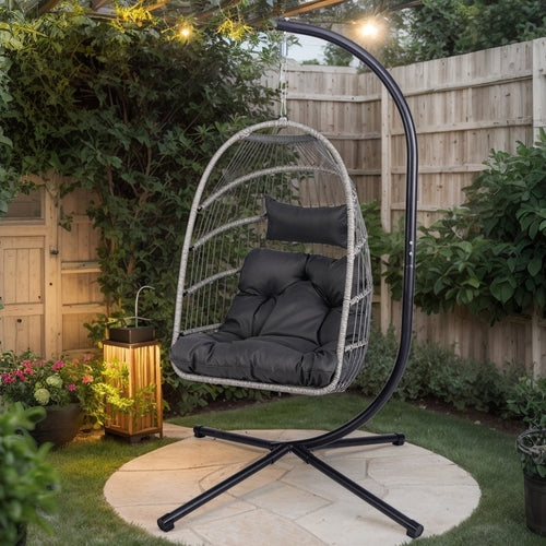 Outdoor Egg Hanging Chair with Stand, Patio Wicker Swing Egg Chair