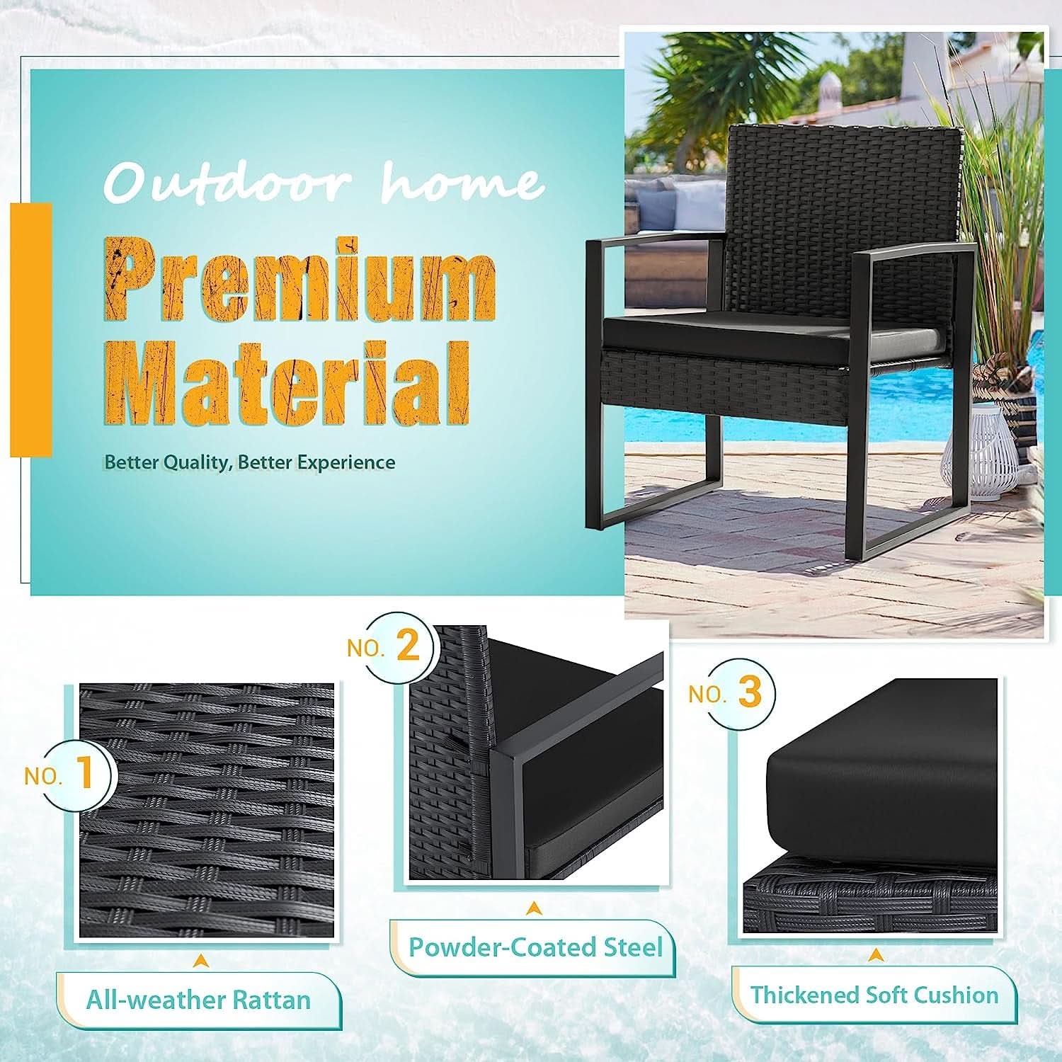 Black 3-Piece Outdoor Patio Conversation Set