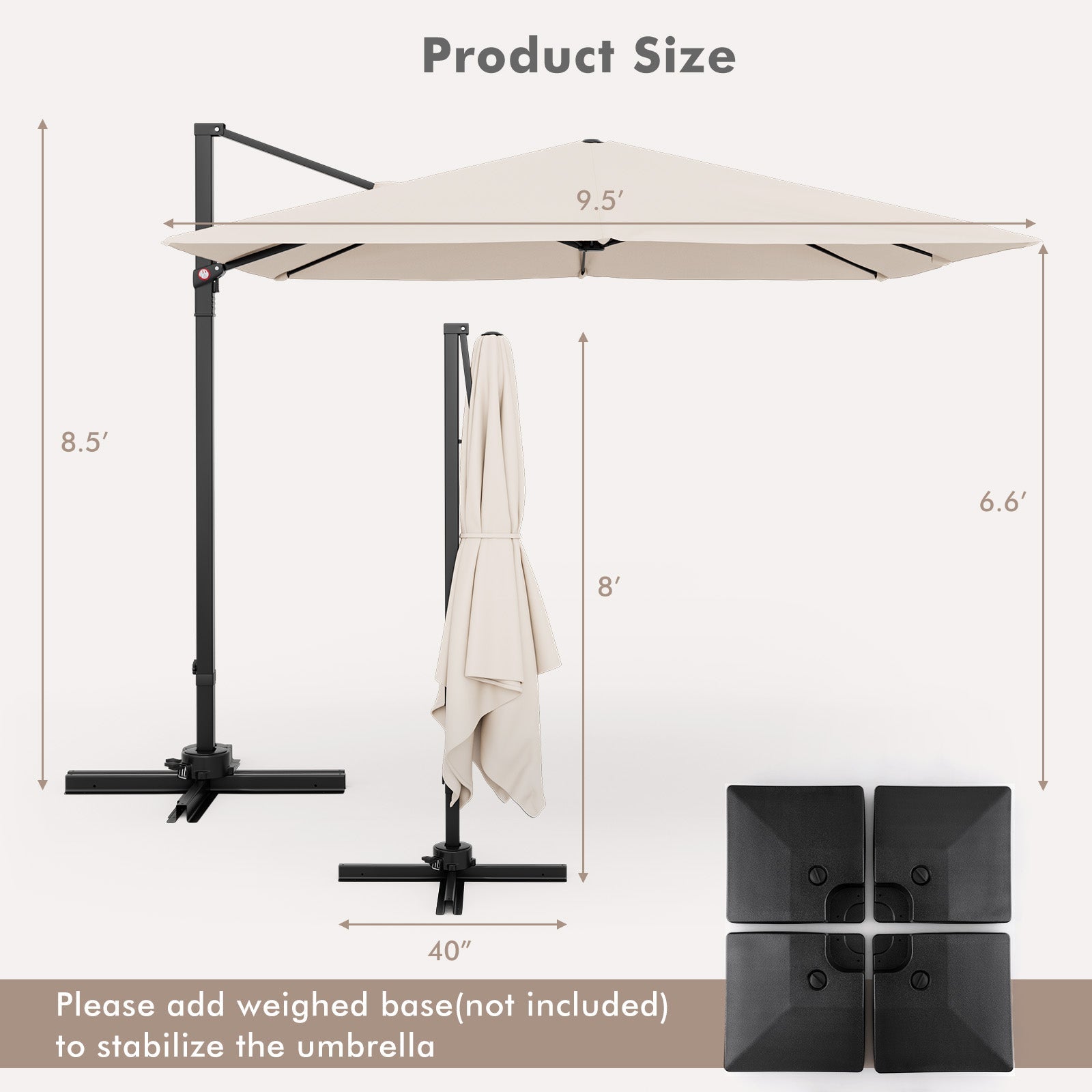 9.5-Foot Square Cantilever Patio Umbrella with 360° Rotation
