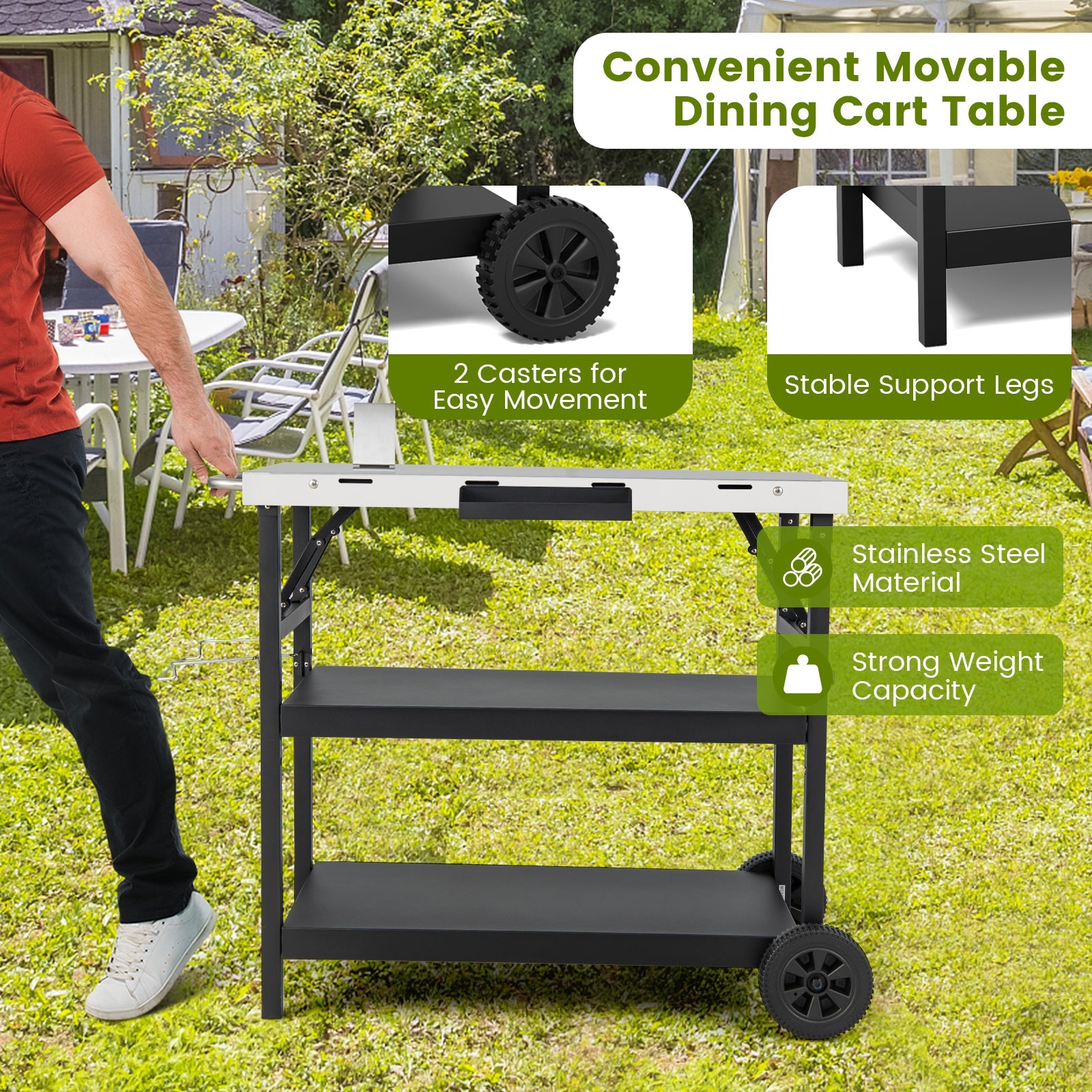 3-Tier Foldable Outdoor Serving Cart with Phone Holder