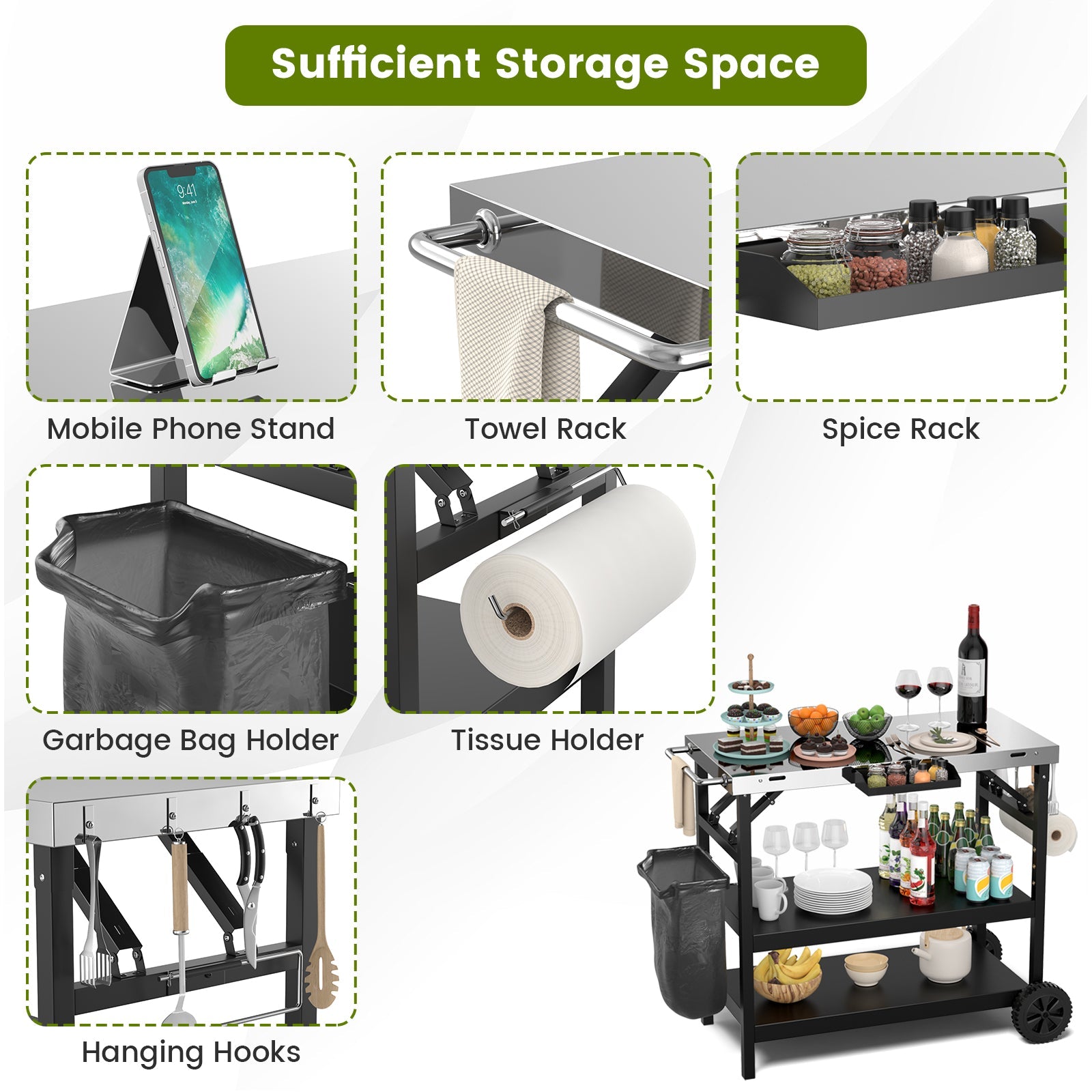 3-Tier Foldable Outdoor Serving Cart with Phone Holder