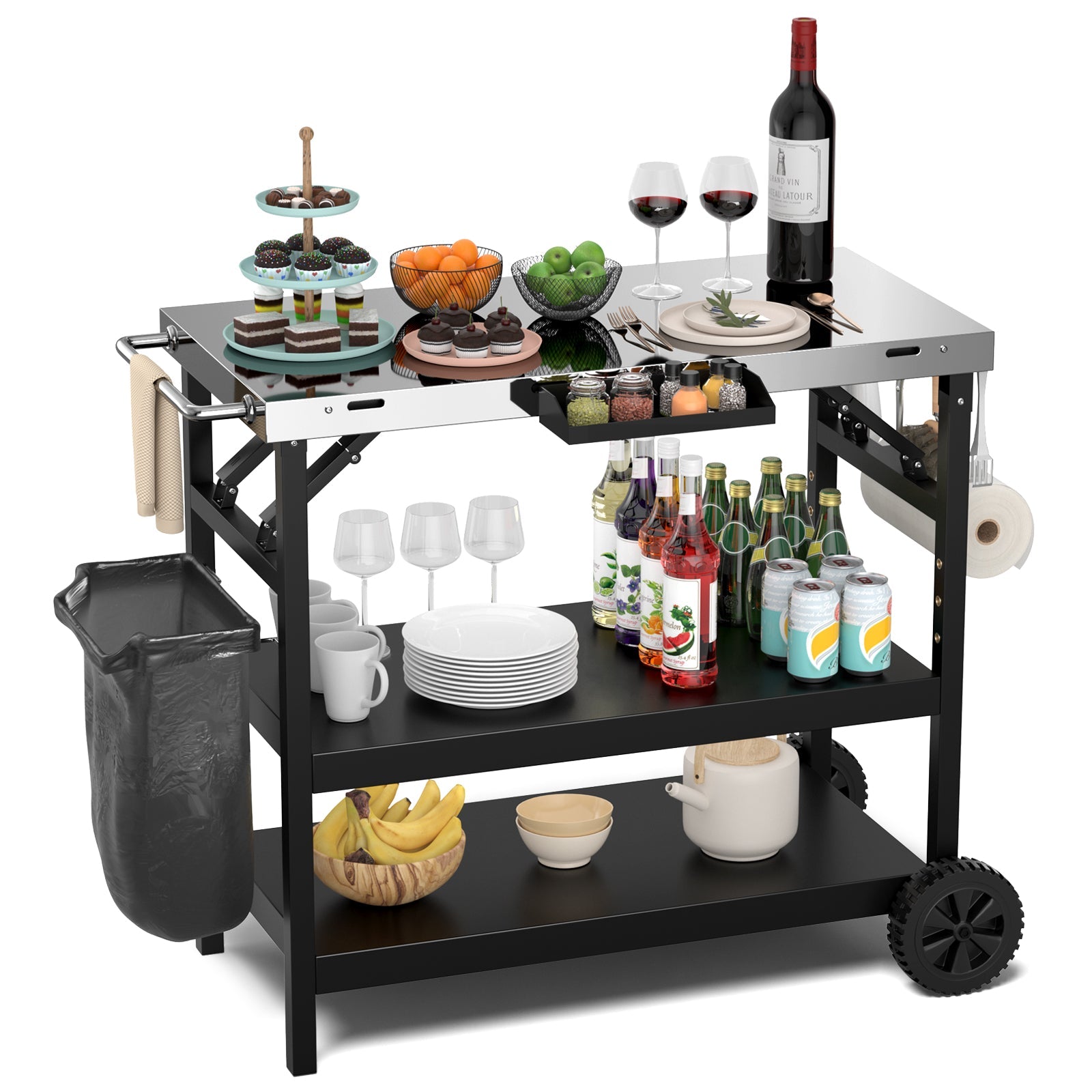 3-Tier Foldable Outdoor Serving Cart with Phone Holder