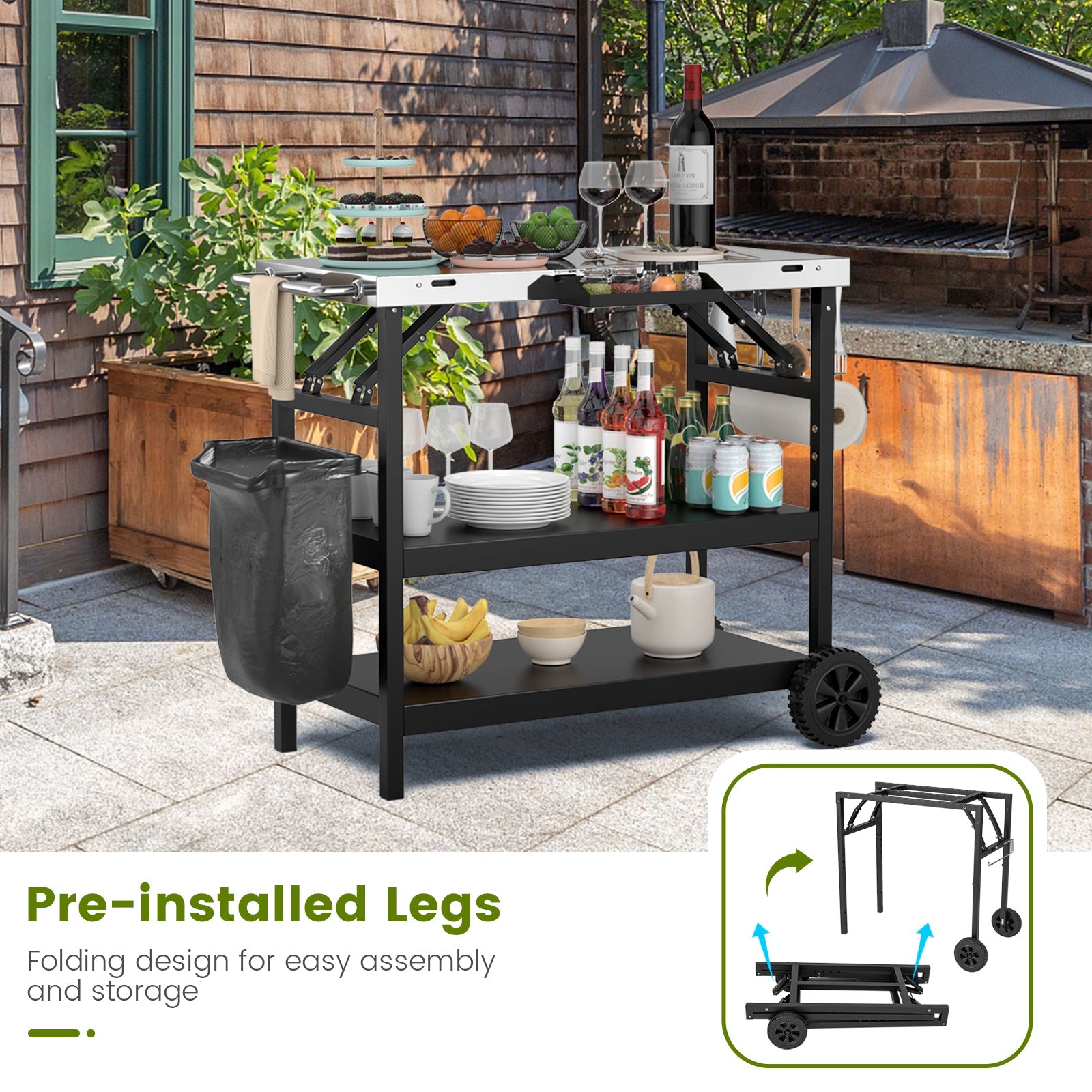 3-Tier Foldable Outdoor Serving Cart with Phone Holder