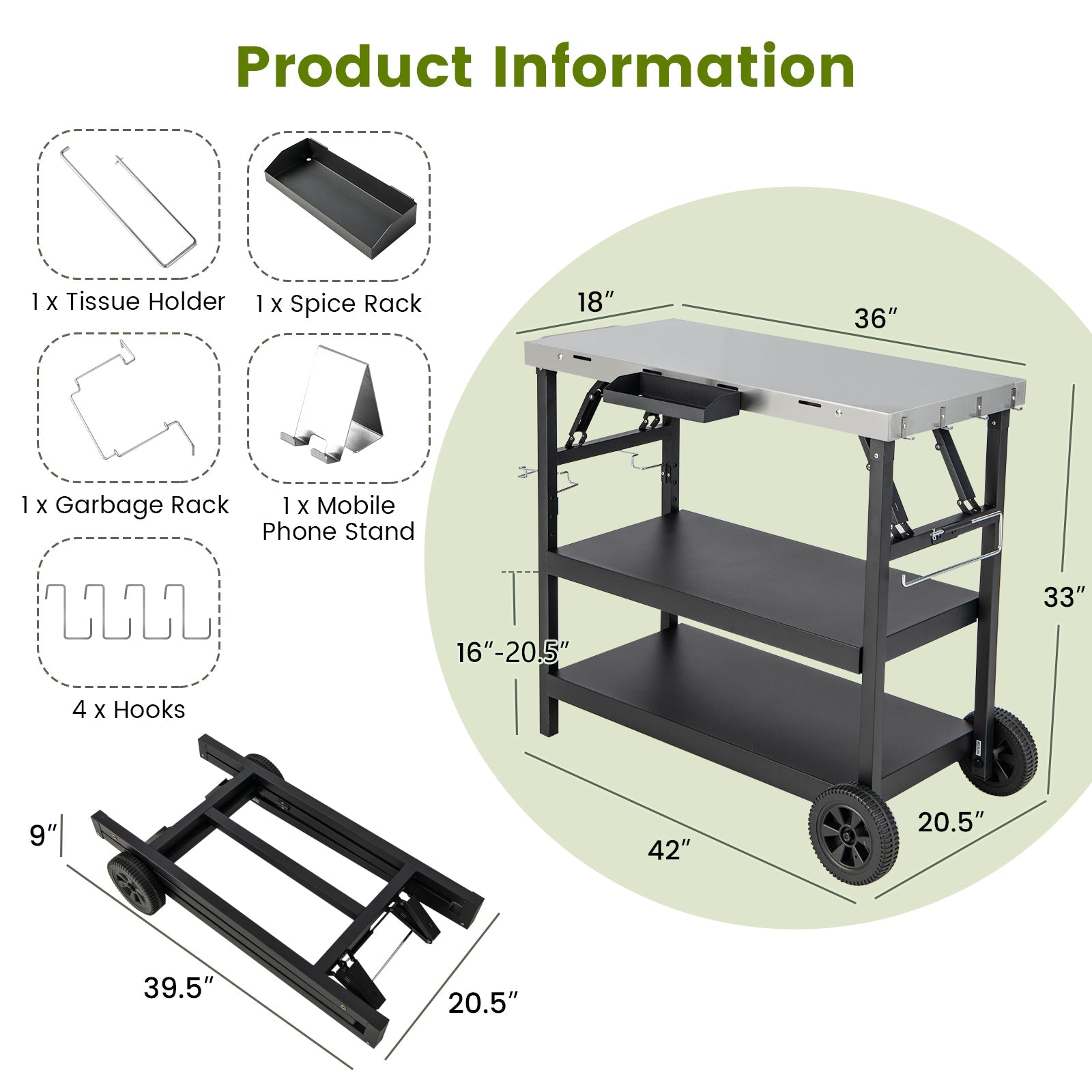 3-Tier Foldable Outdoor Serving Cart with Phone Holder