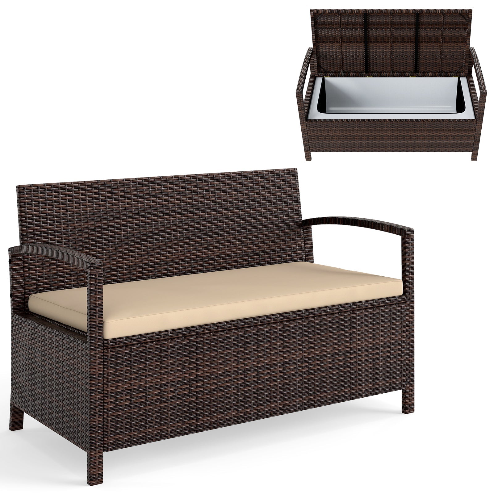 2-Seat Wicker Outdoor Storage Bench with Cushion
