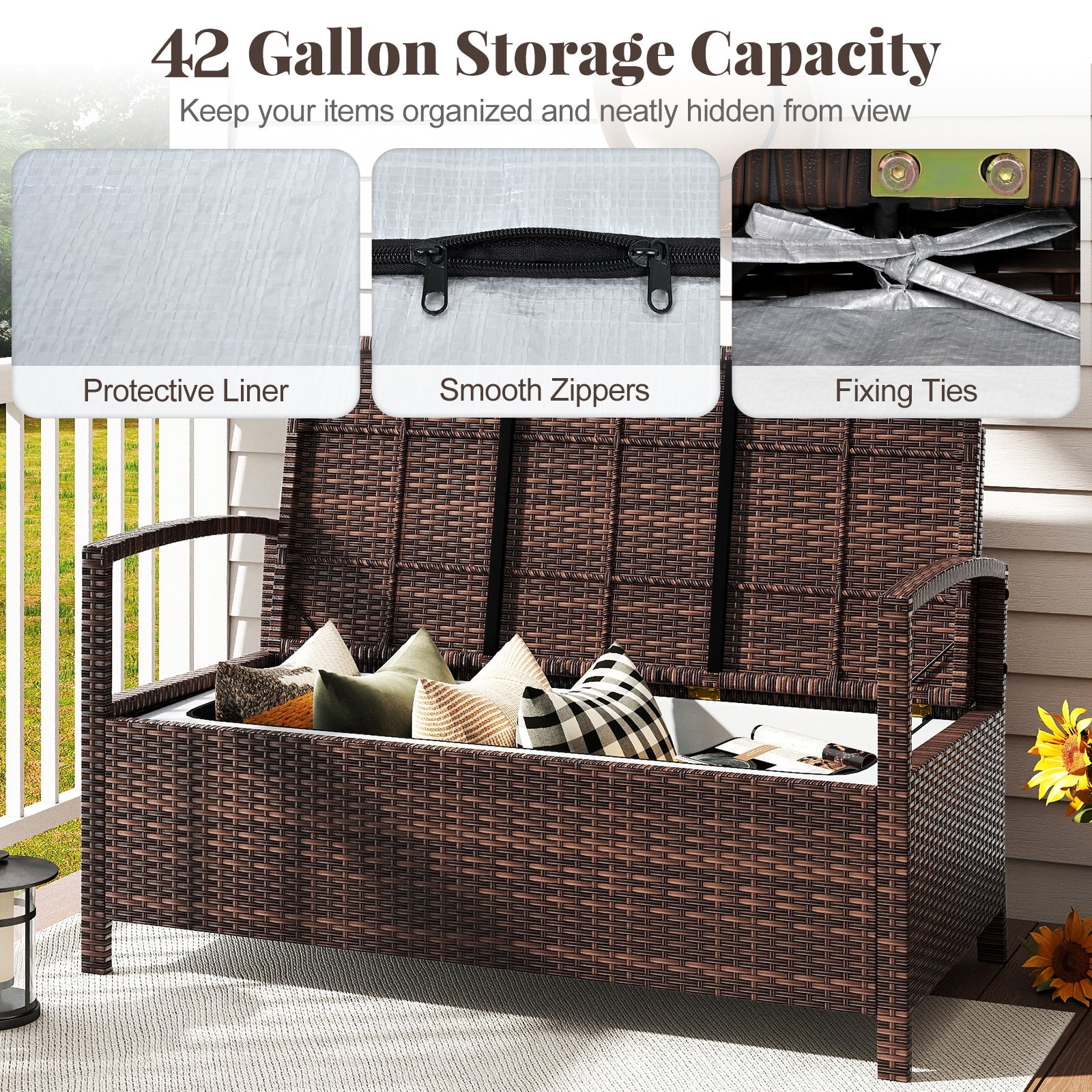 2-Seat Wicker Outdoor Storage Bench with Cushion