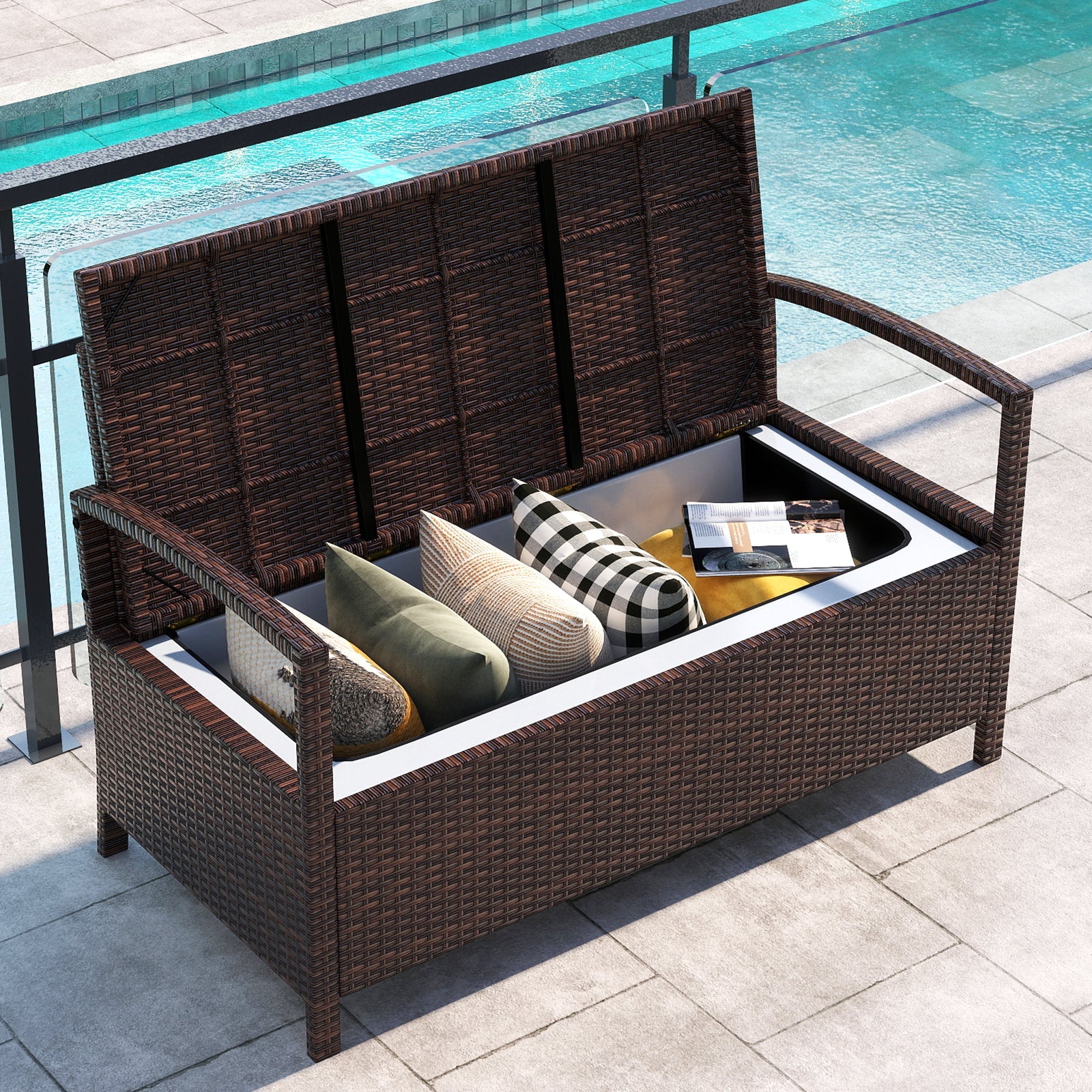 2-Seat Wicker Outdoor Storage Bench with Cushion