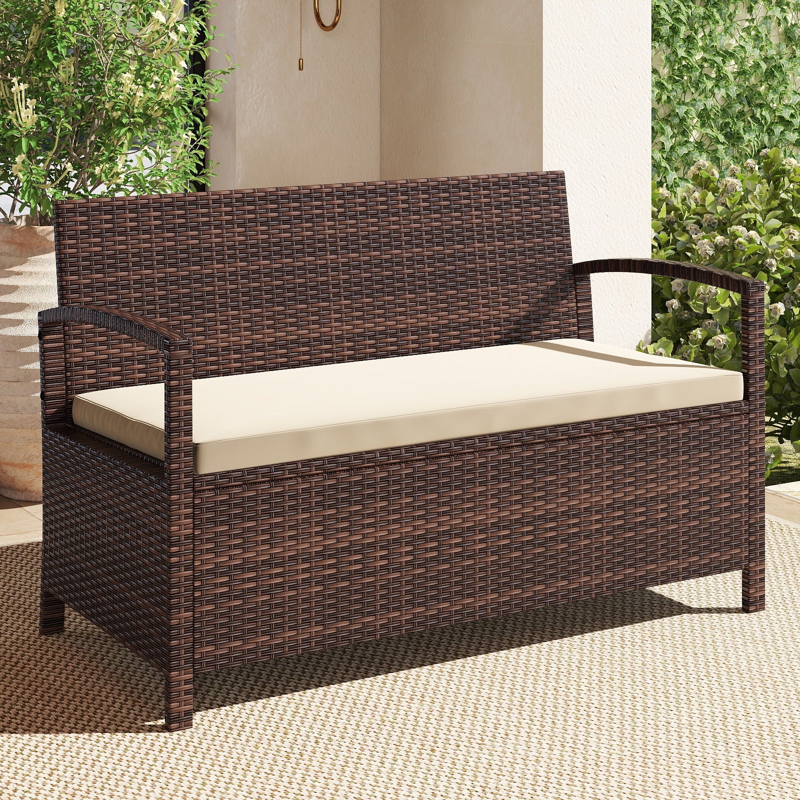 2-Seat Wicker Outdoor Storage Bench with Cushion