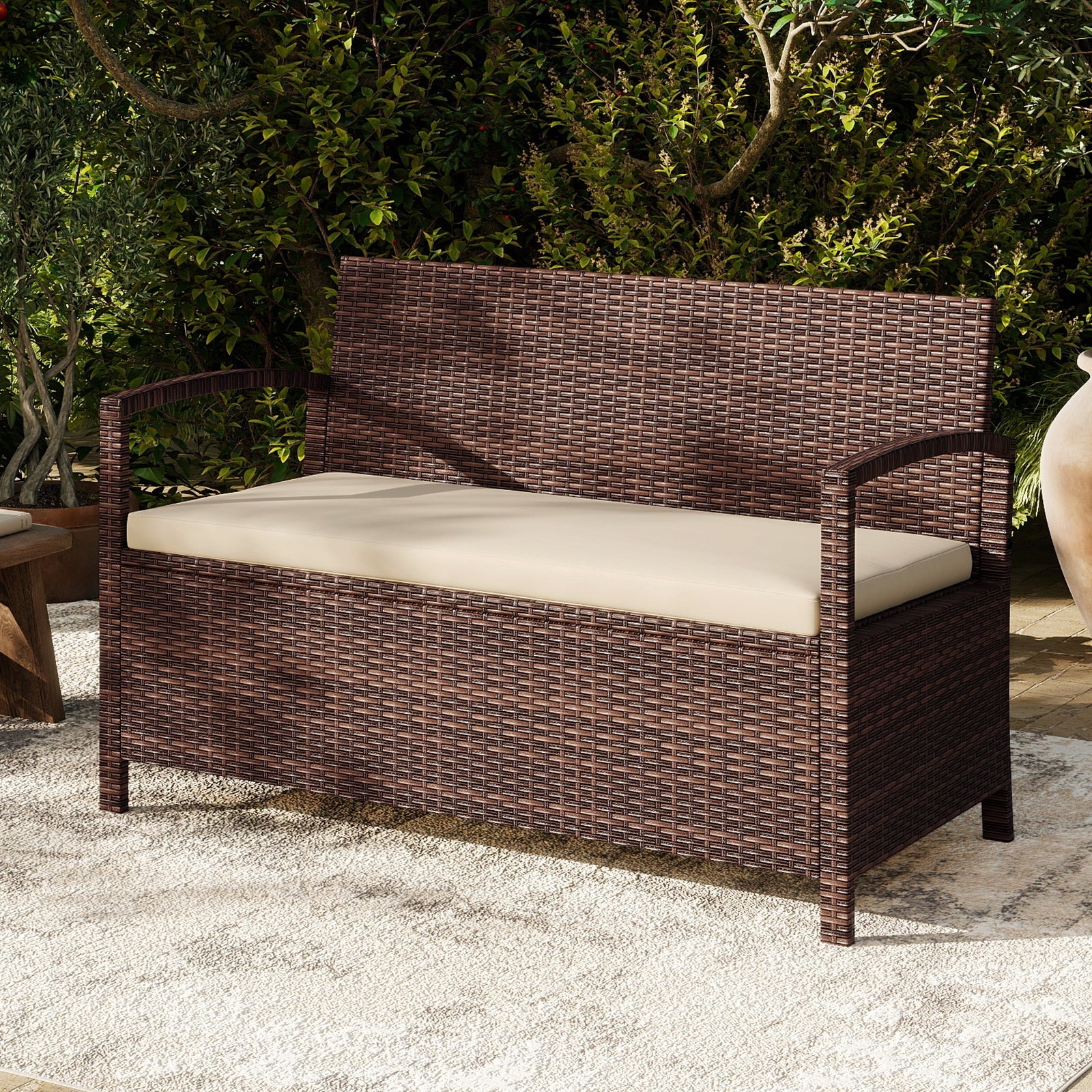 2-Seat Wicker Outdoor Storage Bench with Cushion