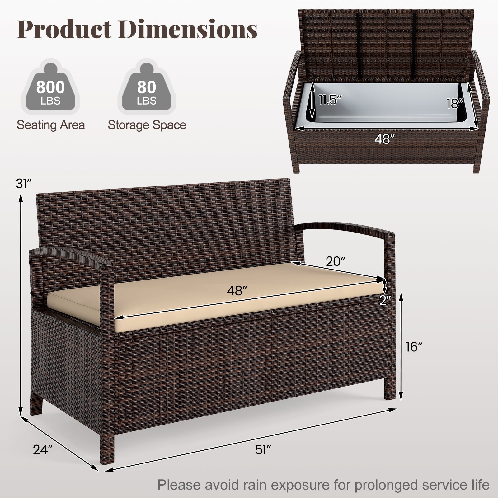 2-Seat Wicker Outdoor Storage Bench with Cushion