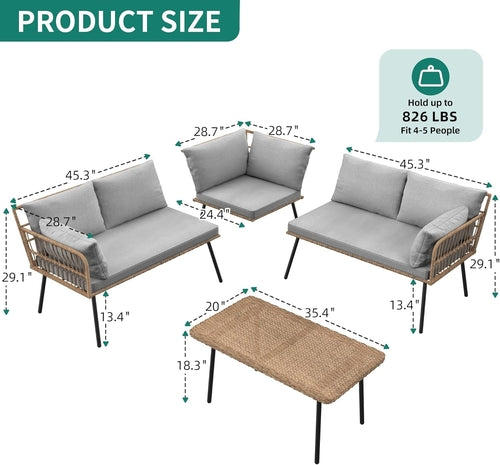 4 Piece Outdoor Wicker Patio Set Grey Memory Foam Cushions