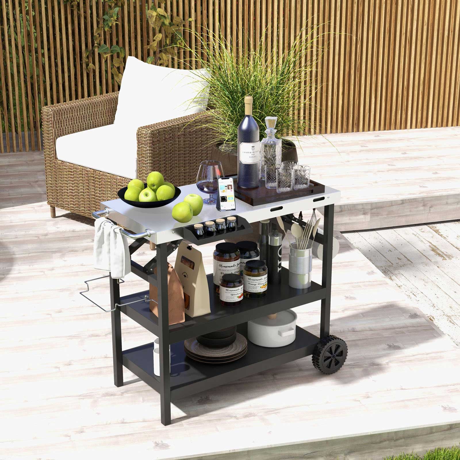 3-Tier Foldable Outdoor Serving Cart with Phone Holder