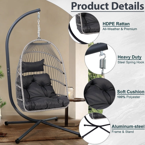 Outdoor Egg Hanging Chair with Stand, Patio Wicker Swing Egg Chair