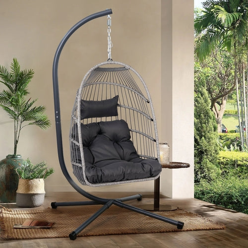 Outdoor Egg Hanging Chair with Stand, Patio Wicker Swing Egg Chair